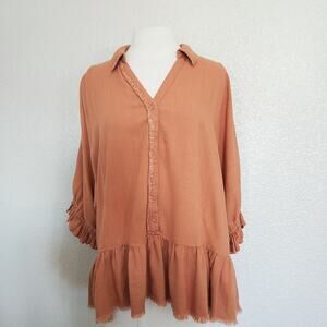 Umgee Orange Linen Tunic Blouse w/Ruffle Size L